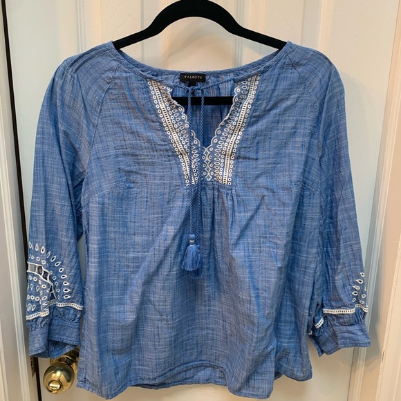 Talbots Blue Embroidered Tassel Tie Top size S - Picture 3 of 8